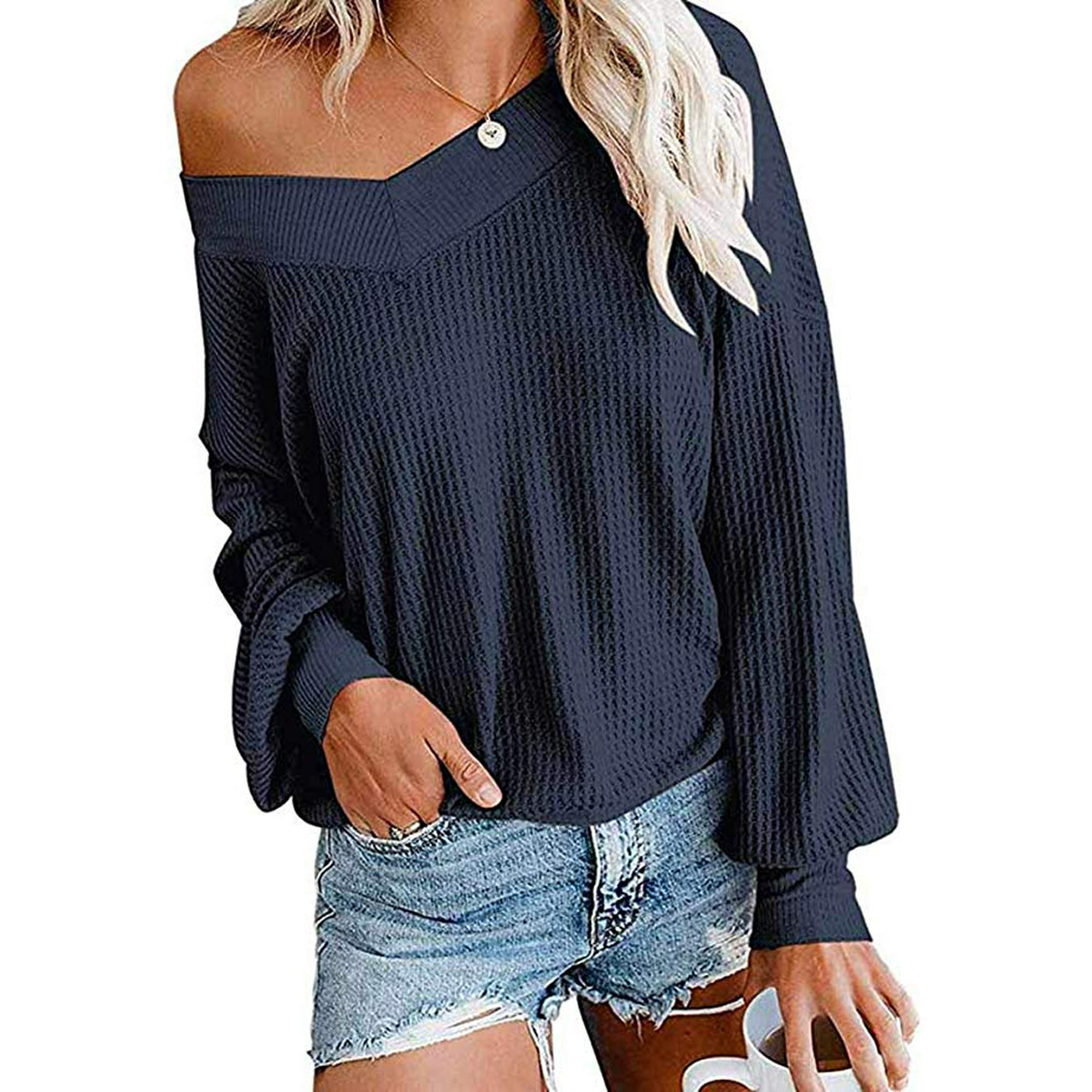 Women/’s V Neck Long Sleeve Wrap Sweater Loose Casual Waffle Knit Pullover Tops